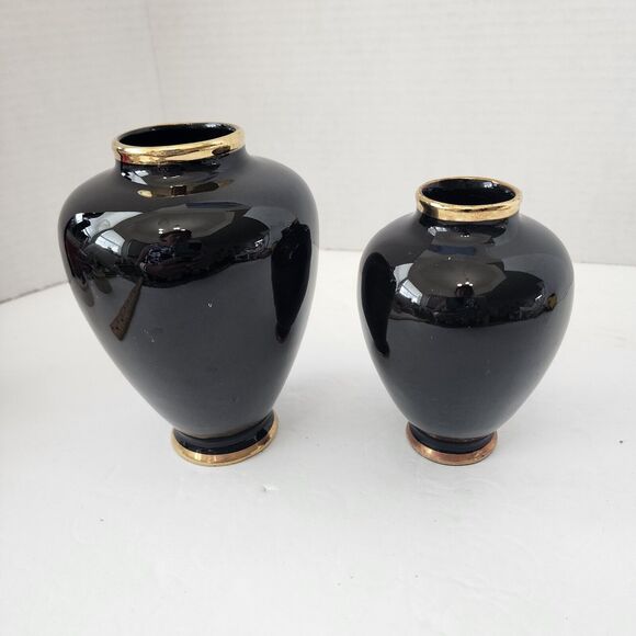 B H Geschenke German Vases Art Pottery Signed Floral Trees Gold Trim Set of 2 - Picture 3 of 13